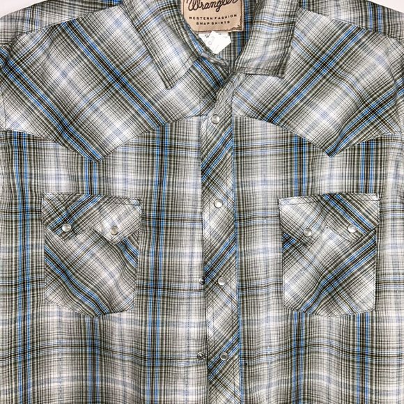 Mens Western Shirt XL Wrangler Pearl Snap Plaid Short Sleeve Green white - Picture 8 of 9